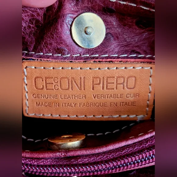 Cecconi Piero Burgundy Genuine Ostrich-Embossed Leather Mini Crossbody Bag 7"×6" - Picture 14 of 16